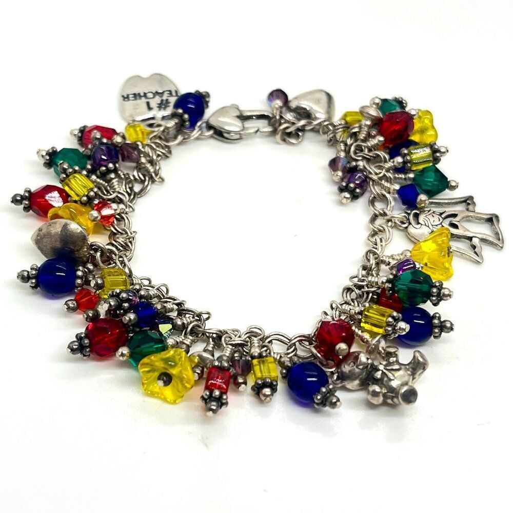 Sterling Silver Charm Bracelet Cha Cha Bead Vintage Angel Apple Teddy Bear Heart
